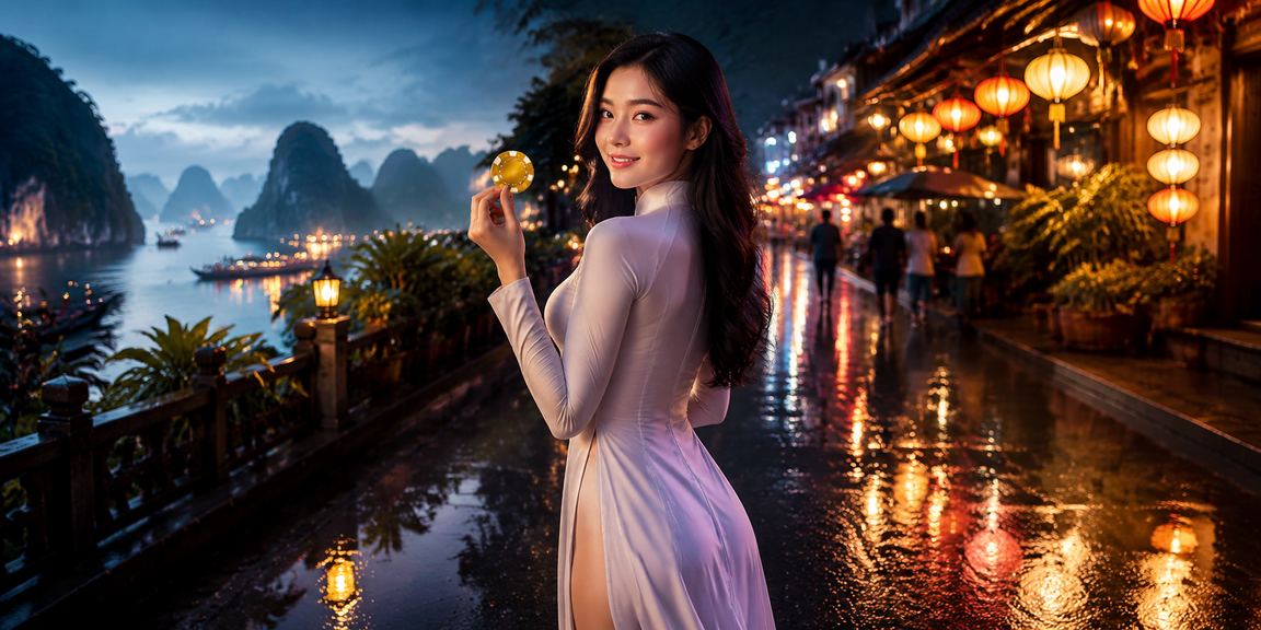 Cảnh đêm Hạ Long Bay với ánh đèn lồng chợ đêm và không khí đăng ký tài khoản thể thao